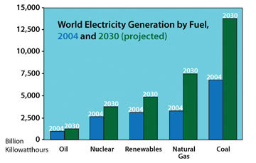 Graph of World Electricity Generation by Fuel, 2004 and 2030