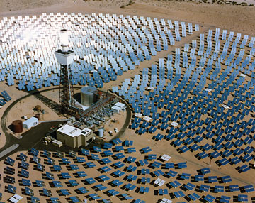 10-megawatt power tower surrounded by mirrors