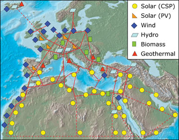 A map of TREC’s vision of a sustainable energy future for Europe, the Middle East and North Africa