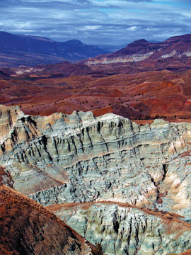 The painted hills rise above the Sheep Rock Unit of the John Day Fossil Beds National Monument in Eastern Oregon