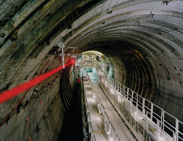 View of the rear of the tunnel boring machine showing the laser guidance system