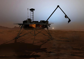 Artist's depiction of  NASA’s Phoenix Mars Lander just before its 2008 projected touchdown on Mars