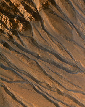 Gully channels in a crater in the southern highlands of Mars