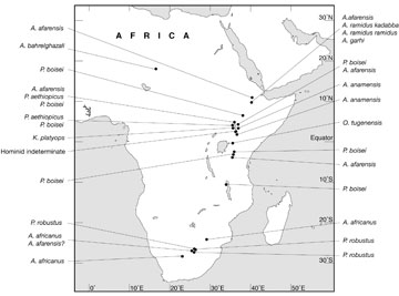 Map of early hominin fossil locations