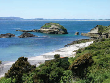 A rocky shoreline along the inland marine bay south of Monte Verde