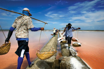 Workers transporting salt