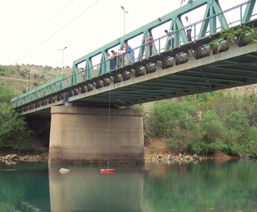 Engineers measuring stream discharge from a bridge in Dokan, Iraq