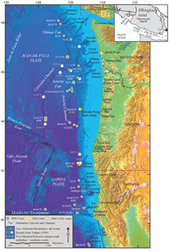 Map of the U.S. west coast, with sediment core locations marked