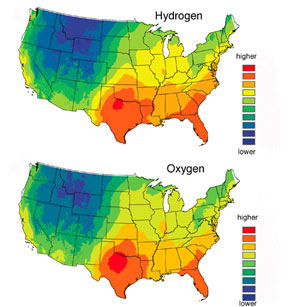 U.S. maps show average predicted hydrogen and oxygen  isotope levels in human hair
