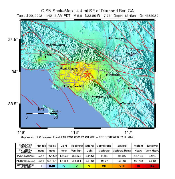 Shake map that shows the areas affected by today's earthquake